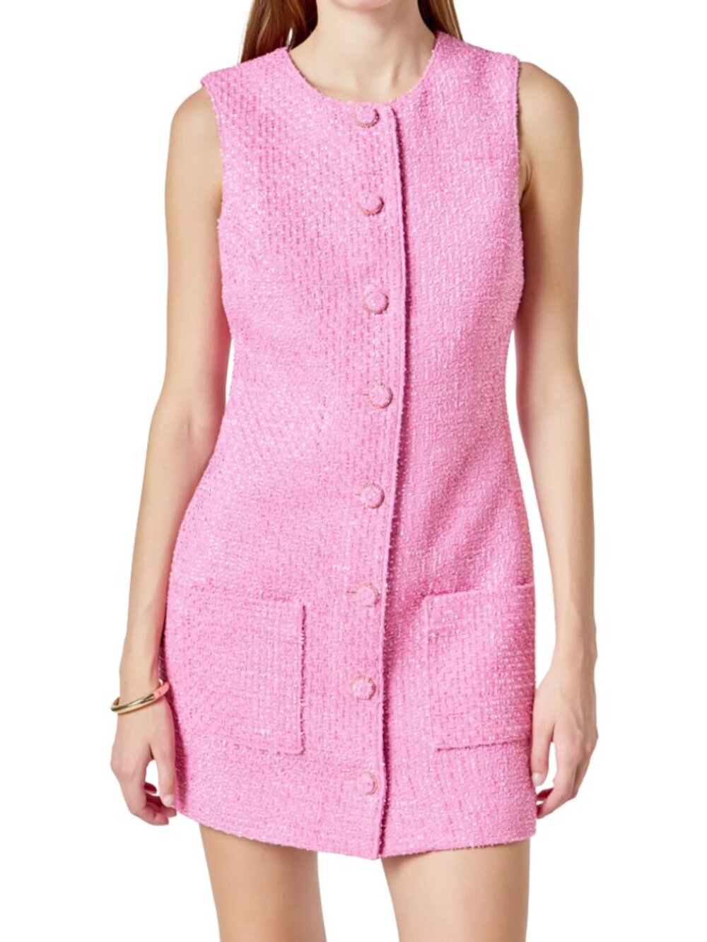 Endless Rose Tweed Sleeveless Sheath Dress Small Pink Gold Button Preppy Chic